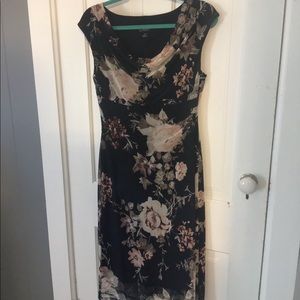 Sleeveless navy floral ruched cowl neck dress
